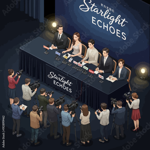 Press conference with a panel of five individuals and numerous photographers capturing the event.