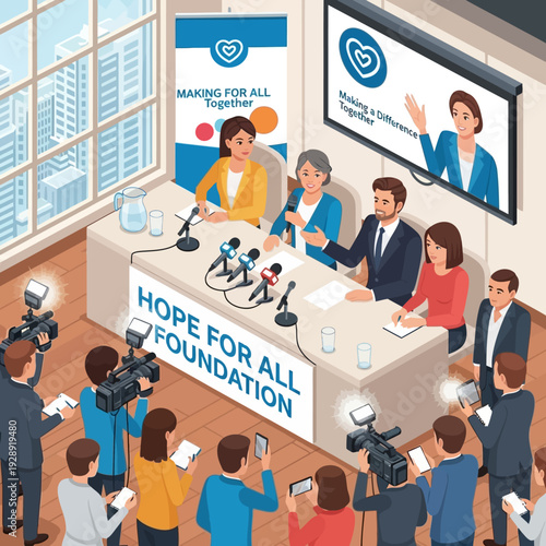 Press conference with foundation representatives and media.