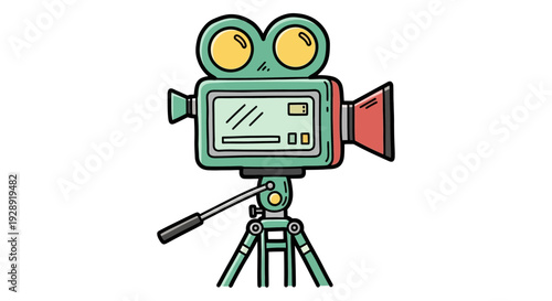 A cartoon camera sits on a tripod indoors in a graphic illustration.