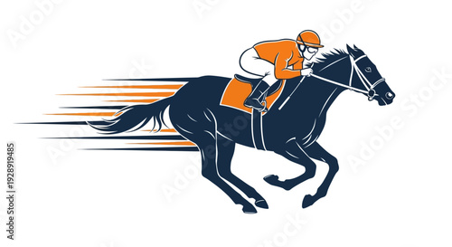 Jockey rides horse fast on track with motion lines behind