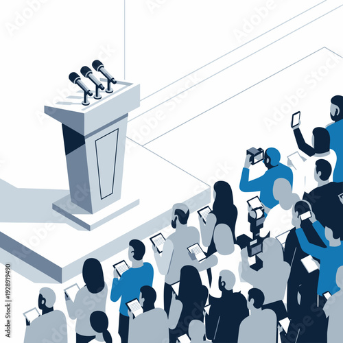 Press conference with journalists and photographers covering event.