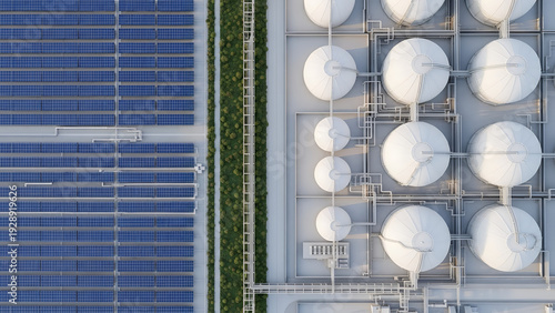 Modern industrial facility with solar panels and storage tanks