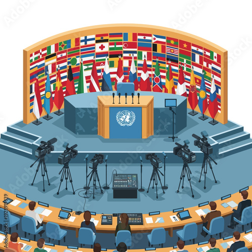 United Nations General Assembly Hall with flags and delegates.