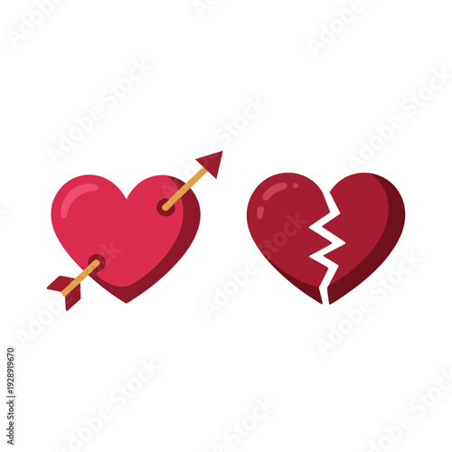 Red romantic heart with arrow and broken heart icon set for valentines day poster, breakup concept, love relationship design