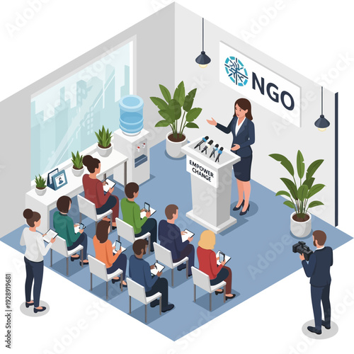 Woman speaker at podium addressing an audience in a conference room.