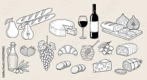 A culinary scene featuring various cheeses, wine, and food items on a table indoors.