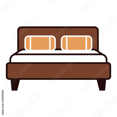 Brown bed with white mattress and two orange pillows on top  home furniture icon