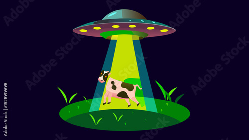 A cow is gently lifted by a glowing ufo at night in a green field with dark background