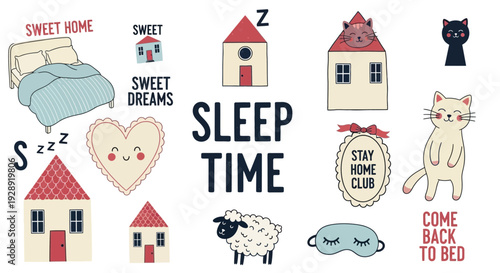 Sleep time illustrations of houses, animals, and objects in a dreamy scene