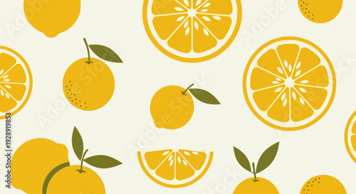 A vibrant illustration of lemons and oranges with leaves on a light background