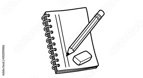 An illustration of a spiral notebook with a pencil and eraser on top.