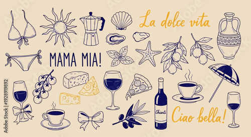 Italian themed icons and phrases on a warm background teydhc