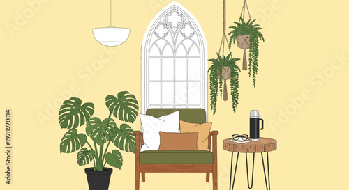 A serene indoor scene with chair, plants, table, and lamp near stained glass window