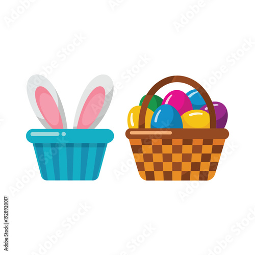 Bunny ear basket and egg basket icons, Easter celebration clipart, spring party invitation elements, egg hunt session vector graphics