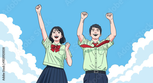 Two students in uniform celebrate with raised arms outdoors under blue sky