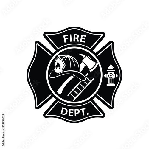 Vector illustration icon black and white fire department emblem with helmet and axe on a maltese cross