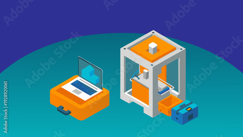 Vector illustration of compact desktop 3d printer and laptop on teal background with orange and blue accents