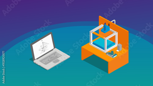 Digital fabrication concept with 3d printer and laptop on orange workstation blue background modern technology for additive manufacturing process