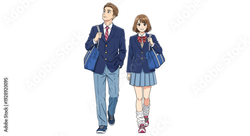 Schoolboy and schoolgirl walking together outdoors in uniforms