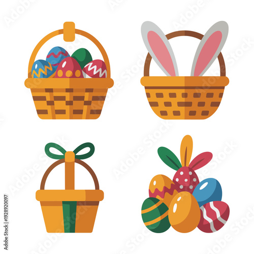 Easter basket icons, colorful eggs with bows and bunny ears, spring market poster elements, community egg hunt session vector