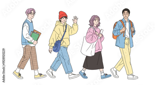 Four young people walking together outside school campus in casual clothes