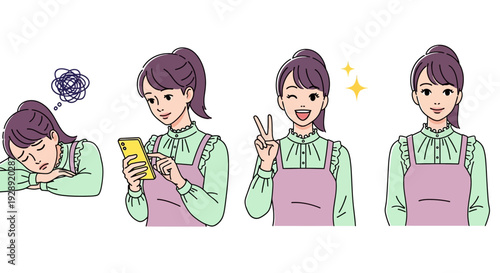 A young woman in a green shirt and pink overalls displays various emotions while interacting with her phone outdoors.