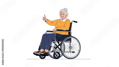 Smiling elderly woman sitting in a wheelchair and giving a thumbs up gesture to show positivity and good health care service.