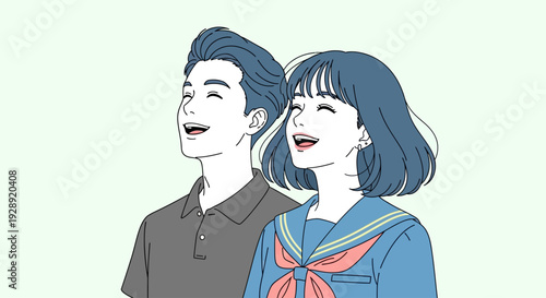Young couple smiling and looking upwards together outdoors in unity