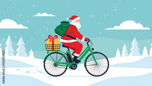 Santa Claus riding a green bicycle through a snowy winter landscape carrying a backpack and a gift box in the back basket.
