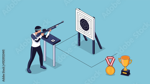 Isometric illustration of a sportsman shooting a rifle at a square target board with a trophy and medal nearby for victory.