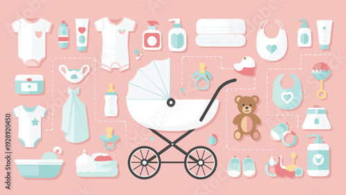Extensive collection of baby care essentials including a stroller, clothes, toys, and toiletries arranged on a soft pink background.