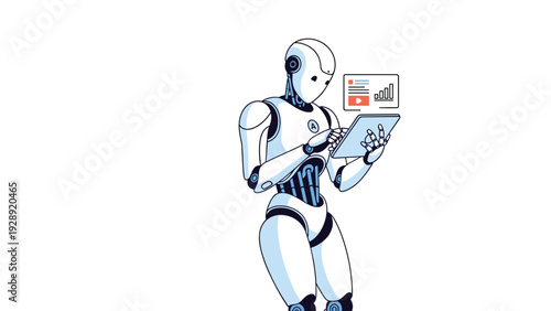 Futuristic humanoid robot standing and interacting with a digital tablet computer to analyze data or browse information.