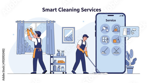 Professional cleaning service staff working in a room next to a large smartphone showing different service icons and options.