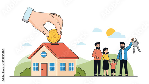 Large hand putting a dollar coin into a house-shaped piggy bank with a happy family standing nearby holding keys to a new home.