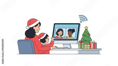 Mother and her young child wearing Santa hats and having a video call with friends on a computer screen decorated for Christmas.