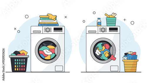 Illustration showing two different washing machines with laundry baskets, detergents, and stacks of folded clean clothes.