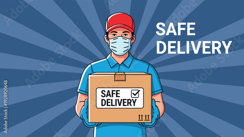 Professional delivery man wearing a face mask and protective gloves holding a cardboard box with a safe delivery label.