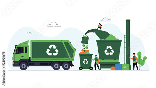 Garbage collectors and recycling workers processing waste into a large bin next to a green recycling truck in an industrial setting.