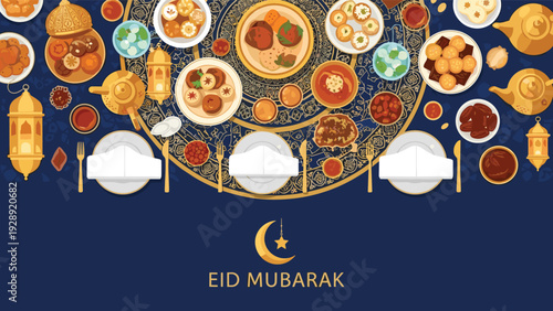 Richly decorated top-down view of an Eid feast table with traditional Middle Eastern dishes, golden lanterns, and blue patterns.