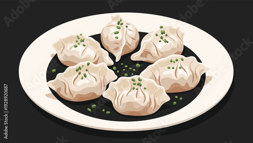 Delicious plate of traditional steamed dumplings garnished with fresh green herbs on a dark background for culinary concepts.