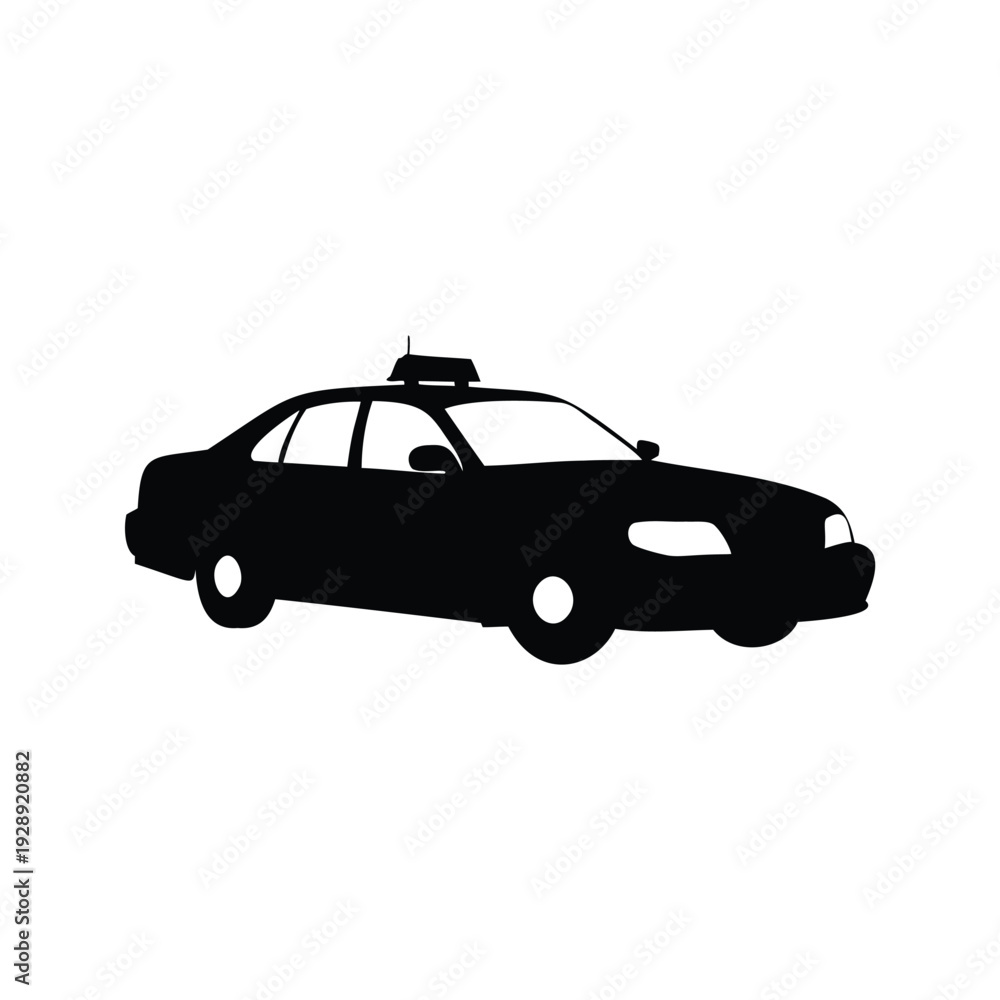 Fototapeta premium police car patrolling silhouette vector illustration, Modern police car silhouette with light bar on roof ready for city patrol vector illustration