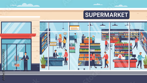 Modern supermarket exterior with glass windows showing people shopping for groceries and aisles filled with various food products and produce.