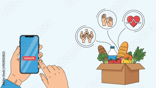 Person uses a smartphone to make an online donation of a box filled with fresh groceries and essential food items for charity and support.