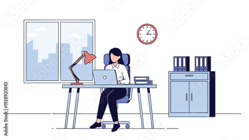 Young woman works diligently on her laptop at a clean office desk with a lamp, files, and a large window overlooking the city buildings.