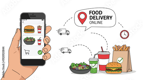 Hand holding a smartphone displaying an online food delivery application with various meal options and fast shipping service icons nearby.
