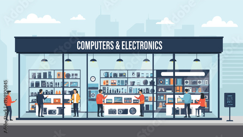 Storefront of a modern computer and electronics shop where customers browse various laptops, tablets, and gadgets on displayed shelves.