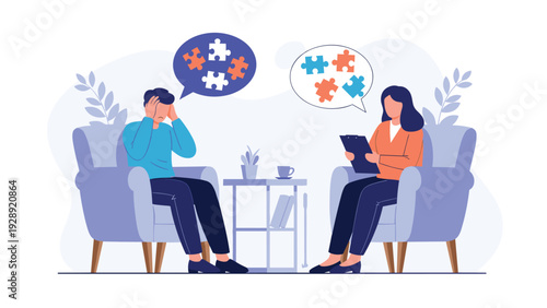 Man discusses his mental health concerns with a professional therapist during a counseling session to solve personal puzzles and problems.