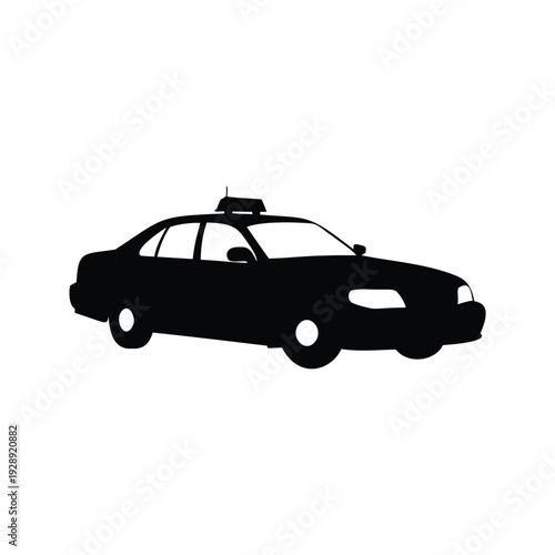 police car patrolling silhouette vector illustration, Modern police car silhouette with light bar on roof ready for city patrol vector illustration