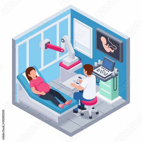 Pregnant woman undergoing ultrasound scan in medical clinic.