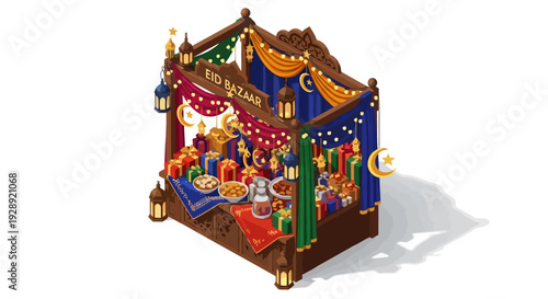 Ramadan eid bazaar illustration with food and gifts on display at night